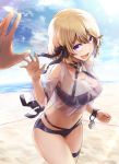  1girl azur_lane bangs bikini blonde_hair blue_eyes blush breasts commentary_request hair_ornament iron_cross lefthand looking_at_viewer medium_breasts open_mouth see-through short_hair smile solo swimsuit z23_(two-man_cell_match!)_(azur_lane) 