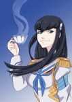  1girl absurdres bangs black_hair blue_background blue_eyes breasts closed_mouth commentary_request cup epaulettes eyelashes hand_up high_collar highres holding holding_cup junketsu kamui_(kill_la_kill) kill_la_kill kiryuuin_satsuki long_hair long_sleeves looking_to_the_side sidelocks smile solo teacup urustam 