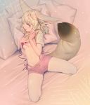  1girl animal_ear_fluff animal_ears bikini blonde_hair blush bow breasts brown_eyes eyebrows_visible_through_hair fennec_(kemono_friends) fox_ears fox_tail highleg highleg_bikini highres kemono_friends lying mifu_(b24vc1) multicolored_hair navel on_bed open_mouth pillow pink_shorts red_bikini shirt shirt_lift short_hair short_shorts short_sleeves shorts side-tie_bikini small_breasts swimsuit tail thighs untied untied_bikini yellow_bow yellow_shirt 