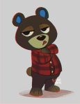  2020 animal_crossing anthro belly brown_body brown_fur chromatic_aberration clothing fur grizzly_(animal_crossing) kittykatmaniac mammal nintendo overweight shirt simple_background solo topwear ursid video_games 