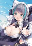  1girl arami_o_8 azur_lane bangs black_hair blue_eyes blue_hair blush breasts cheshire_(azur_lane) cleavage eyebrows_visible_through_hair fang large_breasts looking_at_viewer maid_headdress multicolored_hair open_mouth short_hair skin_fang solo streaked_hair water wet wrist_cuffs 