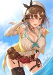  1girl :d atelier_(series) atelier_ryza atelier_ryza_2 bangs bare_shoulders bird black_legwear blue_sky blush braid breasts cleavage cloud collared_shirt commentary_request eyebrows_visible_through_hair gloves green_neckwear hair_between_eyes hair_ornament hairclip hand_on_own_thigh highres jacket key key_necklace large_breasts leather leather_belt leather_gloves midriff navel nemunemu_semi ocean one_eye_closed open_mouth partially_submerged partly_fingerless_gloves pouch red_shorts reisalin_stout see-through shirt short_hair short_shorts shorts single_braid single_thighhigh sky sleeveless sleeveless_jacket smile thigh_strap thighhighs water wet wet_clothes wet_hair white_headwear white_shirt yellow_jacket 