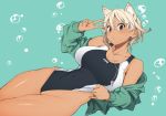  1girl absurdres ahoge animal_ears aqua_background bare_legs black_swimsuit blonde_hair blush breasts brown_eyes bubble cat_ears cleavage closed_mouth commentary competition_swimsuit dark_skin green_jacket hair_between_eyes highres jacket kr_ohoshisama large_breasts looking_at_viewer off_shoulder one-piece_swimsuit open_clothes open_jacket original partially_visible_vulva puckered_lips short_hair simple_background solo sweat swimsuit swimsuit_aside thighs two-tone_swimsuit unzipped v whistle whistle_around_neck white_swimsuit 