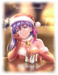  1girl artist_name bangs bell blurry blurry_background box breasts choker cleavage closed_mouth collarbone elbow_gloves eyebrows_visible_through_hair fate/stay_night fate_(series) fur-trimmed_gloves fur-trimmed_headwear fur_trim gift gift_box gloves hair_between_eyes hat head_rest head_tilt highres large_breasts long_hair looking_at_viewer matou_sakura merry_christmas no_pupils purple_eyes purple_hair red_gloves red_headwear rna_(angel-smelter) santa_costume santa_hat shiny shiny_hair smile solo 