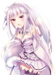  1girl :d bangs blunt_bangs blush braid chii_(sbshop) crown_braid detached_collar emilia_(re:zero) eyebrows_visible_through_hair frill_trim hair_ornament highres long_hair looking_at_viewer open_mouth pleated_skirt pointy_ears purple_eyes re:zero_kara_hajimeru_isekai_seikatsu sidelocks sime_(echo) skirt smile solo very_long_hair white_background white_hair wide_sleeves 