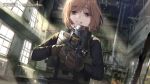  1girl brown_eyes brown_hair bullpup crying crying_with_eyes_open factory girls_frontline gun gunslinger_girl henrietta_(gunslinger_girl) highres looking_at_viewer p90 ruins solo submachine_gun tears weapon window 