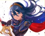  1girl black_gloves blue_eyes blue_hair cape closed_mouth falchion_(fire_emblem) fingerless_gloves fire_emblem fire_emblem_awakening gloves haru_(nakajou-28) holding holding_sword holding_weapon long_hair lucina_(fire_emblem) solo sword tiara upper_body weapon 
