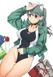  1girl ahoge animal_ears arm_up ass_visible_through_thighs bare_legs black_choker black_swimsuit blush breasts cat_ears cat_tail choker cleavage closed_mouth commentary competition_swimsuit eyebrows_visible_through_hair green_hair green_jacket groin hair_between_eyes hand_on_own_head highres jacket kr_ohoshisama large_breasts long_hair one-piece_swimsuit open_clothes open_jacket original pants pants_removed partially_visible_vulva red_eyes shoes shoes_removed simple_background sneakers solo sweat sweatpants swimsuit swimsuit_aside tail thigh_gap thighs tissue_box two-tone_swimsuit two_side_up unzipped white_background white_swimsuit 
