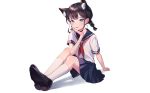  animal_ears aqua_eyes azit_(down) braids catgirl fang kneehighs original school_uniform short_hair skirt third-party_edit twintails white 