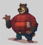  2020 animal_crossing anthro belly bottomwear brown_body brown_fur chromatic_aberration clothing fur grizzly_(animal_crossing) kittykatmaniac male mammal nintendo overweight overweight_male pants shirt simple_background solo topwear ursid video_games 