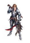  1boy armor blue_eyes breastplate brown_hair closed_mouth collarbone dual_wielding fantasy gauntlets greaves hair_between_eyes holding holding_sword holding_weapon lp_rp male_focus original pauldrons shoulder_armor simple_background solo standing sword vambraces weapon white_background 