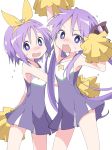 2girls arm_up blue_eyes blush cheerleader hairband hiiragi_kagami hiiragi_tsukasa holding holding_pom_poms ixy long_hair looking_at_viewer lucky_star multiple_girls open_mouth pom_poms purple_hair short_hair siblings simple_background sisters sleeveless twins twintails white_background yellow_hairband 