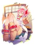  1girl animal_ear_fluff animal_ears apron bangs bell bell_collar bow breasts cat_hair_ornament cat_paws collar fangs fate/extra fate/grand_order fate_(series) fox_ears fox_girl fox_tail gloves hair_between_eyes hair_bow hair_ornament highres holding holding_knife jingle_bell knees_up knife knives_between_fingers ladle large_breasts legs long_hair looking_at_viewer naked_apron open_mouth paw_gloves paw_shoes paws pink_hair ponytail red_bow shoes sidelocks smile tail tamamo_(fate)_(all) tamamo_cat_(fate) yellow_eyes zenshin 
