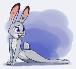  2020 anthro blue_background breasts buckteeth dipstick_ears disney featureless_breasts featureless_crotch female flat_chested fur grey_body grey_fur hi_res judy_hopps lagomorph leporid mammal multicolored_ears navel nude open_mouth open_smile pose purple_eyes rabbit simple_background smile solo teeth theblueberrycarrots white_background zootopia 