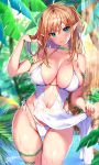  1girl artist_name bangs bikini bikini_bottom blonde_hair blurry blurry_background blush breasts choker cleavage collarbone commentary_request day eyebrows_visible_through_hair fingernails green_eyes head_tilt highleg highleg_bikini highres holding large_breasts lips looking_at_viewer matarou_(genkai_toppa) original outdoors parted_lips pointy_ears shiny shiny_skin solo swimsuit thigh_strap water water_drop wet wet_clothes 