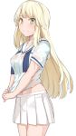  1girl bangs blonde_hair blue_shirt blush breasts closed_mouth collarbone copyright_request cowboy_shot eyebrows_visible_through_hair large_breasts long_hair looking_at_viewer medium_breasts midriff_peek navel pleated_skirt shirt shiseki_hirame short_sleeves simple_background skirt smile solo two-tone_shirt wet wet_clothes white_background white_shirt white_skirt wringing wringing_clothes yellow_eyes 