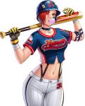  1girl alternate_costume artist_request baseball_bat baseball_helmet baseball_jersey baseball_uniform breasts bubble_blowing chewing_gum choker collarbone cowboy_shot crop_top elbow_pads eye_black glint gloves helmet lips looking_at_viewer medium_breasts midriff navel official_art red_eyes red_hair short_hair solo sportswear suspenders the_king_of_fighters_all-stars transparent_background vanessa_(king_of_fighters) 
