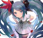  1girl aqua_eyes aqua_hair black_legwear black_ribbon bracelet commentary cowboy_shot dress feathers hair_feathers hair_ribbon hands_on_hips hatsune_miku ito_taera jewelry leaning_forward light_blush long_hair looking_at_viewer neck_ribbon petals pout red_feathers ribbon short_sleeves supreme_(module) thighhighs twintails twitter_username v-shaped_eyebrows very_long_hair vocaloid white_background white_dress world_is_mine_(vocaloid) 