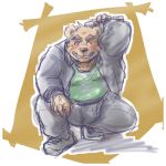 1:1 2020 anthro blush bottomwear brown_body brown_fur clothing fur humanoid_hands kemono low_res male mammal ojijinotete one_eye_closed overweight overweight_male pants shirt solo topwear ursid wink 
