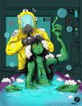  ambiguous_gender amphibian anthro bath black_hair bubble duo female green_body green_skin hair hazmat_suit markoriginals nude scp-811 scp_foundation soap water yellow_eyes 