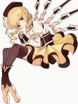  1girl blonde_hair boots breasts corset drill_hair eyebrows_visible_through_hair fingerless_gloves gloves gun hair_ornament hat interlocked_fingers kono_yo_no_inga_wo_hazureta_mono leaning_forward looking_at_viewer mahou_shoujo_madoka_magica musket skirt smile solo striped striped_legwear thighhighs tomoe_mami twin_drills weapon white_background yellow_eyes 