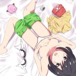 1girl absurdres areolae bed_sheet black_hair bra bra_removed breasts collarbone from_above green_shorts grey_eyes head_tilt highres looking_at_viewer looking_up mizuki_(pokemon) navel negimiso1989 open_clothes open_mouth open_shorts panties pokemon pokemon_(game) pokemon_sm print_shirt shiny shiny_hair shirt shirt_removed short_hair short_shorts shorts shorts_pull sitting small_breasts solo tied_shirt topless underwear white_bra white_panties yellow_shirt 