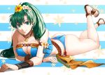  1girl ass bikini bracelet breasts cleavage delsaber earrings fire_emblem fire_emblem:_the_blazing_blade fire_emblem_heroes flower green_eyes green_hair hair_flower hair_ornament jewelry long_hair looking_at_viewer lying lyn_(fire_emblem) on_stomach ponytail rope_belt sandals smile swimsuit 