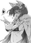  1girl animal_ears barlunn bikini bikini_top blush breasts closed_mouth commentary_request eyebrows_visible_through_hair fate/grand_order fate_(series) fox_ears fox_shadow_puppet glasses greyscale hair_ornament large_breasts long_hair monochrome navel osakabe-hime_(fate/grand_order) solo sweat swimsuit 