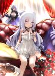  2girls azur_lane bangs bare_shoulders blue_eyes blush breasts butterfly_hair_ornament cleavage closed_mouth collarbone commentary_request couch curtains day double_bun dress dunkerque_(azur_lane) eating eyebrows_visible_through_hair flower food grey_hair hair_between_eyes hair_ornament highres holding holding_food holding_tray indoors large_breasts le_malin_(azur_lane) le_malin_(the_knight&#039;s_true_nature)_(azur_lane) lefthand long_hair looking_at_viewer multiple_girls red_flower red_rose rose sidelocks silver_hair sitting small_breasts sunlight symbol-shaped_pupils tray very_long_hair white_dress white_hair window 