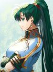  1girl blue_dress breasts crossed_arms delsaber dress earrings fingerless_gloves fingernails fire_emblem fire_emblem:_the_blazing_blade gloves green_eyes green_hair highres jewelry katana lips long_hair looking_at_viewer lyn_(fire_emblem) medium_breasts ponytail short_sleeves simple_background smile sword tied_hair upper_body weapon 