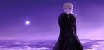  1girl black_coat black_dress black_hair blue_bow bow coat dress dyuba000 full_moon hair_bow hands_in_pockets highres long_hair looking_at_viewer moon night night_sky ocean original purple_eyes sky standing star_(sky) 