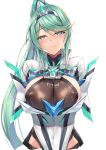  1girl areola_slip areolae armor blush breasts cleavage covered_navel covered_nipples eyebrows_visible_through_hair gem green_eyes green_hair hair_ornament headpiece hinot huge_breasts jewelry large_breasts long_hair looking_at_viewer naughty_face pneuma_(xenoblade_2) see-through shoulder_armor sideboob smile solo spoilers tiara tied_hair very_long_hair white_background xenoblade_(series) xenoblade_2 