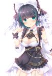  1girl apron azur_lane black_apron black_hair bow breasts cheshire_(azur_lane) cleavage closed_mouth commentary detached_sleeves dress fang fang_out frilled_apron frilled_bow frills green_eyes green_hair hair_bow hand_up highres kedama_(kedama_akaza) long_sleeves maid maid_headdress medium_breasts multicolored_hair puffy_long_sleeves puffy_sleeves revision simple_background sleeveless sleeveless_dress smile solo streaked_hair white_background white_bow white_dress white_sleeves wrist_cuffs 