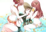  3girls alstroemeria_(idolmaster) alternate_hairstyle armpits arms_up ass back bangs bare_shoulders bikini black_bikini blush brown_eyes brown_hair eye_contact eyebrows_visible_through_hair food frilled_bikini frills fruit hair_bun hair_ornament hairclip hand_on_another&#039;s_cheek hand_on_another&#039;s_face hat holding holding_food holding_fruit idolmaster idolmaster_shiny_colors jewelry kuwayama_chiyuki long_hair looking_at_another looking_back lying mango multiple_girls navel necklace on_back oosaki_amana oosaki_tenka open_mouth orange_bikini red_hair romi_(346_ura) siblings side-tie_bikini sisters sitting smile straw_hat swimsuit thong twins wading wariza water white_bikini yellow_eyes yuri 