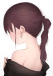  1girl bare_shoulders black_shirt blush brown_hair commentary_request ear_piercing earrings facing_away from_behind heart heart_earrings highres jewelry kanju long_hair nape off_shoulder original piercing ponytail shirt simple_background solo upper_body white_background 
