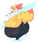  2020 ambiguous_gender anthro big_butt braixen butt canid canine chest_tuft dipstick_tail fox hi_res holding_object huge_butt hyper hyper_butt looking_back mammal motion_lines multicolored_tail nintendo overweight overweight_anthro pok&eacute;mon pok&eacute;mon_(species) solo standing stick thick_thighs tuft video_games watermark weighty-kyte 