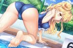  1girl ass bangs barefoot blonde_hair blue_sky breasts cameltoe chain-link_fence chinese_commentary cloud commentary_request date_a_live day eyebrows_visible_through_hair fence hair_bun hand_in_hair hanging_breasts highres hoshimiya_mukuro large_breasts long_hair looking_back one-piece_swimsuit outdoors pool poolside school_swimsuit sidelocks sky soles solo swimsuit thighs toes tree trefoil tsubasaki water_drop wet yellow_eyes 