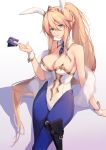  1girl animal_ears aqua_eyes artoria_pendragon_(all) artoria_pendragon_(swimsuit_ruler)_(fate) bare_shoulders blonde_hair blue_legwear braid breasts bunny_ears bunnysuit card cleavage commentary crown detached_collar fate/grand_order fate_(series) feather_boa fishnet_legwear fishnets hair_between_eyes holster long_hair looking_at_viewer navel necktie parted_lips playing_card ponytail sakanasoko solo thigh_holster wrist_cuffs 