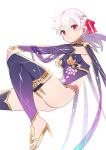  1girl armlet armor bangs bare_shoulders bikini_armor blush bracelet breasts circlet collar detached_sleeves dress earrings fate/grand_order fate_(series) floating floral_print hair_ribbon highres jewelry kama_(fate/grand_order) large_breasts legs long_hair looking_at_viewer metal_collar pelvic_curtain purple_dress purple_legwear purple_sleeves red_eyes red_ribbon revision ribbon silver_hair thighhighs thighlet zenshin 