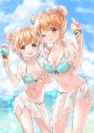  2girls \m/ alternate_hairstyle aoba_yukichi bikini blonde_hair breasts cleavage double_bun food futaba_anzu highres ice_cream idolmaster idolmaster_cinderella_girls matching_hairstyle matching_outfit moroboshi_kirari multiple_girls navel ocean orange_hair summer swimsuit 