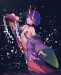  1girl absurdres bangs bare_shoulders bob_cut breasts collarbone eyeliner fangs fate/grand_order fate_(series) food fruit fruit_bowl grapes highres horns japanese_clothes kimono long_sleeves looking_at_viewer makeup navel off_shoulder oni oni_horns open_clothes open_kimono open_mouth peach petals purple_eyes purple_hair purple_kimono revealing_clothes revision ripples sawarineko short_hair shuten_douji_(fate/grand_order) skin-covered_horns small_breasts smile thighs wading water wide_sleeves 