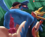  anthro balls blue_body blue_fur blush canid canine duo erection feral fur genitals kurou-karasu legendary_pok&eacute;mon lucario male male/male mammal melee_weapon nintendo open_mouth penis pok&eacute;mon pok&eacute;mon_(species) sex sword video_games weapon zacian 