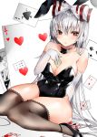  1girl animal_ears arm_at_side bangs bare_shoulders between_breasts black_bow black_choker black_legwear black_leotard black_neckwear blush bow bowtie breasts bunny_ears bunny_girl bunny_tail bunnysuit card choker cleavage collarbone commentary elbow_gloves eyebrows_visible_through_hair fake_animal_ears fujiwara_no_mokou gloves groin hair_between_eyes hair_bow high_heels highres hiiro60 lace lace-trimmed_legwear large_breasts leotard long_hair looking_at_viewer money_hold open_mouth parted_lips red_eyes shiny shiny_skin sidelocks sitting solo strapless strapless_leotard sweat symbol_commentary tail thighhighs thighs touhou very_long_hair wariza white_bow white_hair 