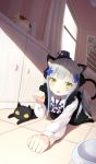  1girl :3 :d absurdres all_fours animal_ears bangs black_dress blunt_bangs blush bow bowl bowtie cat cat_ears cat_tail checkered checkered_neckwear commentary_request cross_hair_ornament cupboard dress eyebrows_visible_through_hair facial_mark fake_animal_ears fake_tail girls_frontline green_eyes hair_ornament hat highres hk416_(girls_frontline) indoors long_hair long_sleeves looking_at_viewer mini_hat open_mouth paw_pose pet_bowl shadow shirt sidelocks silver_hair smile solo_focus tail teardrop tile_floor tiles white_shirt window wo_you_yibei_jia_wanli younger 