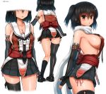  1girl alternate_breast_size asymmetrical_legwear black_gloves black_hair black_legwear black_skirt breasts brown_eyes collarbone commentary_request covered_nipples double-breasted elbow_gloves eyebrows_visible_through_hair facing_away fingerless_gloves from_behind gloves hair_ornament highres kantai_collection kinnan kneehighs large_breasts looking_at_viewer looking_to_the_side medium_hair miniskirt multiple_views neckerchief nib_pen_(medium) no_bra open_mouth panties pink_panties pleated_skirt remodel_(kantai_collection) revision scarf school_uniform sendai_(kantai_collection) serafuku side-tie_panties side-tie_peek sideboob single_thighhigh skirt standing thighhighs traditional_media two_side_up underwear white_scarf 
