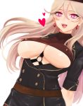  1girl blonde_hair breasts earrings girls_frontline hand_on_back heart heart_print highres jacket jewelry large_breasts long_hair looking_at_viewer mole mole_under_eye open_mouth pill ptrd-41_(girls_frontline) purple_eyes red_earrings saliva solo tuguoji turtleneck white_background 