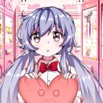  1girl artist_name beyblade beyblade:_burst blue_hair blush chankyone character_name heart korean_commentary long_hair looking_at_watch nishiro_nya open_eyes open_mouth purple_eyes shirt short_twintails simple_background solo twintails 