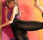  1girl back_cutout bangs bare_arms bare_shoulders barefoot black_legwear black_shirt blush braid breasts brown_hair cameltoe closed_mouth commentary_request condom condom_in_mouth condom_wrapper exercise feet_out_of_frame fingernails from_above green_eyes hair_between_eyes holding holding_scissors idolmaster idolmaster_million_live! idolmaster_million_live!_theater_days indoors leg_lift leggings liu_chi_tiantang_fr looking_at_viewer looking_to_the_side lying mat medium_breasts mouth_hold on_side purple_shirt sakuramori_kaori scissors shirt short_hair sleeveless sleeveless_shirt smile soles solo spread_legs sweat tied_hair two-tone_shirt wooden_floor 