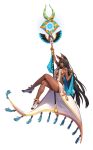  1girl absurdres animal_ears anklet arm_up armlet black_hair bracelet breasts closed_mouth crossed_legs dark_skin egyptian_clothes error full_body highres holding holding_staff jackal_ears jewelry large_breasts lips long_hair looking_at_viewer original osuti simple_background smile solo staff white_background wrong_feet yellow_eyes 