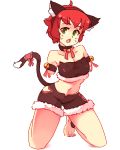  1girl :o amputee animal_ear_fluff animal_ears armband bare_shoulders barefoot bell bell_choker black_choker cat_ears cat_tail choker double_amputee english_commentary fake_animal_ears full_body fur-trimmed_shorts fur_trim green_eyes hairband jingle_bell katawa_shoujo kneeling looking_at_viewer midriff navel no_arms red_hair rtil short_hair short_shorts shorts simple_background solo tail tail_ornament tezuka_rin whisker_markings white_background 